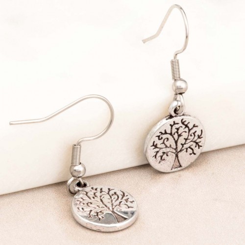 Boucles d'oreilles NATURO Silver Pendantes courtes Arbre de vie gravé Argent Métal argenté