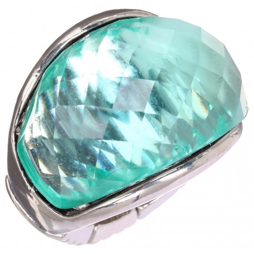 Bague CRYSTAL ICY Turquoise Silver Cabochon élastique Cristal central Argent et Turquoise Rhodium Cristal