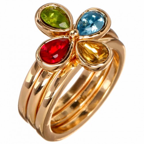 Bague OFLORA Color Gold Jeu de 3 anneaux à porter ensemble Fleur articulée Doré et Multicolore Rhodium Cristal