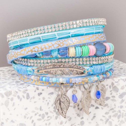 Bracelet PARAISO Sky Blue Silver Double Tour Multirangs Feuillage Argent Bleu ciel Rhodium Simili-Cuir Cristal Nacre Naturelle