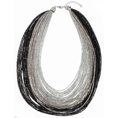 Collier POTASSIA BLACK SILVER Black Silver Plastron de perles multirangs Ethnique Argent et Noir Rhodium Perles