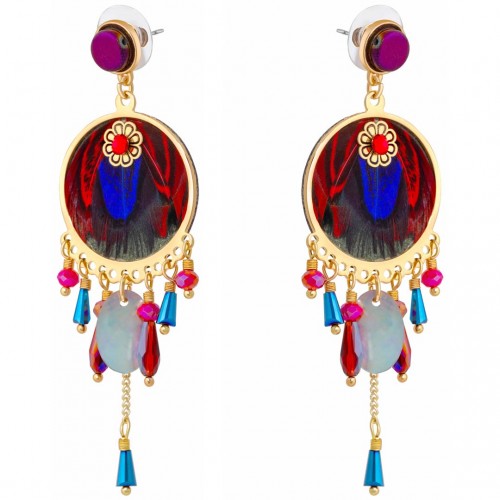 Boucles d'oreilles SOJANA Color Gold Doré et Multicolore Métal doré Cristal et Nacre et Plumes