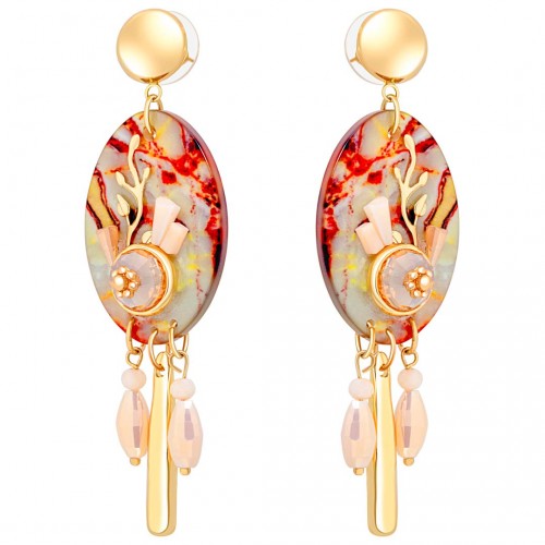 Boucles d'oreilles RAMOJAS Beige Gold Pendantes pavées Branche d'arbre Doré et Beige Laiton doré à l'or fin Cristal et Résines