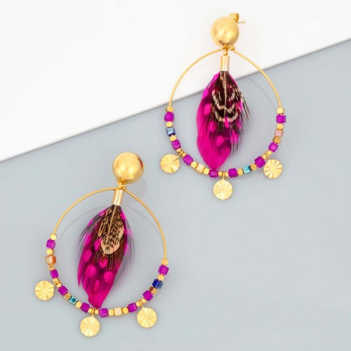 Boucles d'oreilles PLUMEA STEEL Fuchsia Gold Pendantes ajourées Ethnique Fuchsia Acier inoxydable doré à l'or fin Cristal Plumes