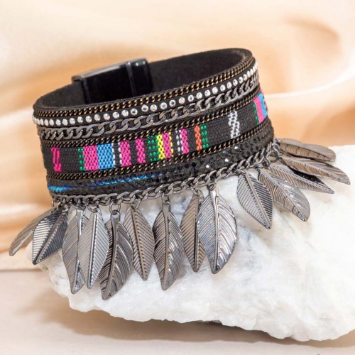 Bracelet ANDORA BLACK SILVER Noir Rhodium et Simili-Cuir Cristal et Tissage brésilien