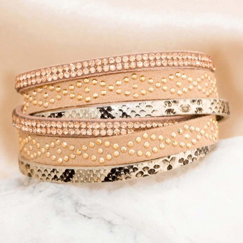 Bracelet ANAZIS BEIGE GOLD Double Tour Multirangs et Beige Rhodium et Simili-Cuir Cristal et Clous décoratifs