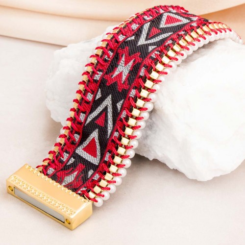 Bracelet PERUVIANO Black & Red Gold Manchette souple Ethnique amérindien Doré Rouge Noir Broderie main doublure suédine Perle