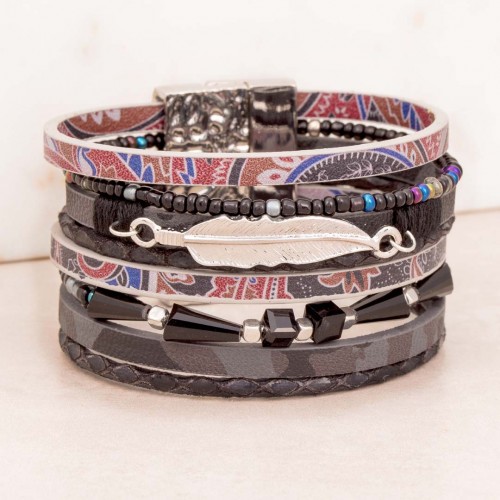 Bracelet APAK Black & Red Silver Manchette souple Multirangs Plume ethnique amérindien Argent Rouge Noir Simili-Cuir Cristal