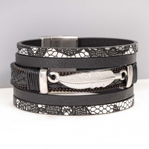 Bracelet INDIANO Black Silver Manchette souple Multirangs Plume ethnique amérindien Argent et Noir Rhodium et Simili-Cuir