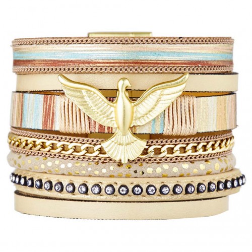 Bracelet CONDOR Beige Gold Manchette souple Multirangs Condor Doré et Beige Rhodium et Simili-Cuir Cristal