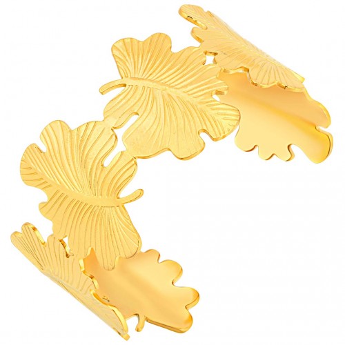 Bracelet MONSTELIA LEAF STEEL Gold Manchette réglable flexible rigide ajourée Feuillage Doré Acier inoxydable doré à l'or fin