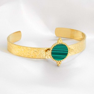 Bracelet MEDIELO STEEL Green Gold Jonc réglable flexible rigide multirangs Médiéval Doré et Vert Acier inoxydable Malachite