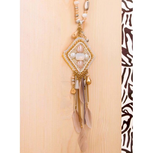 Collier EYAKI IVOIRE GOLD Blanc Ivoire Rhodium Cristal et Plumes