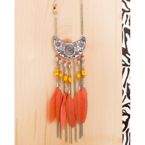 Collier MALUANA NARANJA SILVER Abricot Rhodium Cristal et Plumes