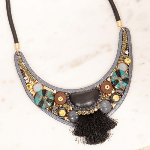 Collier OKAVANGO Black Gold Plaston pavé Ethnique africain Doré et Noir Doré à l'or fin et Simili-Cuir Cristal Tissage ethnique