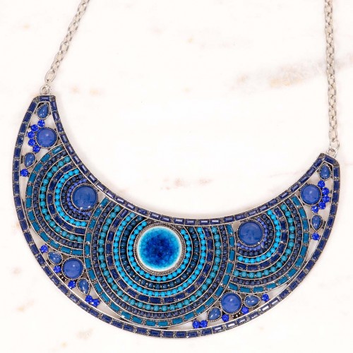 Collier ASSAMAO Blue Silver Plaston pavé Mosaïque Argent et Bleu Rhodium Cristal et Résines et Pates de verre