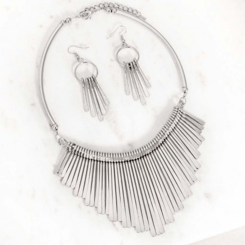 Parure HACIENDA Silver Collier cercle à frange et boucles d'oreilles pendantes Franges martelées Argent Rhodium