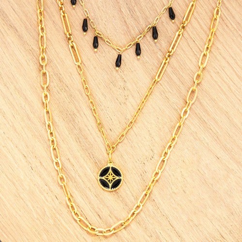 Collier SIGNO Black Gold Ras de cou Multirangs à pendentif Symbole stellaire Doré et Noir Acier inoxydable doré à l'or fin