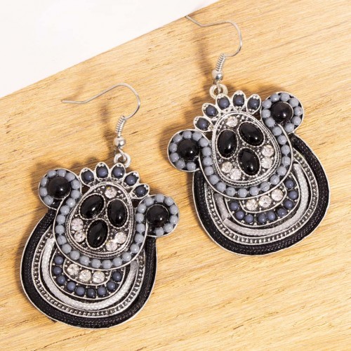 Boucles d'oreilles PHARAMIOS Black Silver Pendantes pavées Ethnique Argent et Noir Rhodium Cristal et Résines