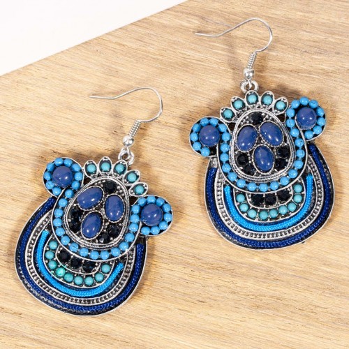 Boucles d'oreilles PHARAMIOS Blue Silver Pendantes pavées Ethnique Argent et Bleu Rhodium Cristal et Résines