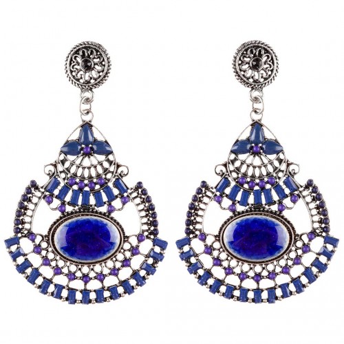 Boucles d'oreilles GUAPENDAL Blue Silver Pendantes ajourées Baroque ou romantique Argent et Bleu Rhodium Cristal Résines Perles