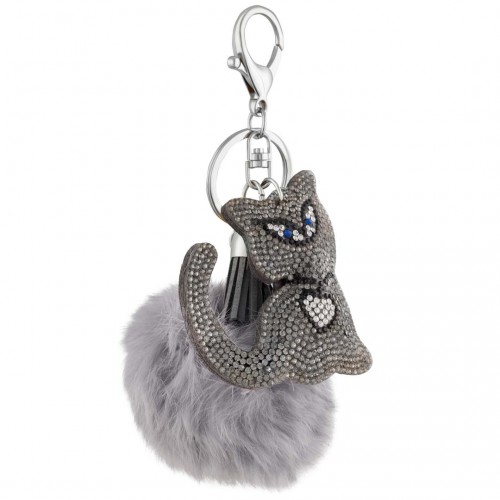 Accessoire de Maroquinerie WINTER CATSY GREY SILVER Bijou de Sac Argent et Gris Rhodium Cristal Pompon en fourrure synthétique