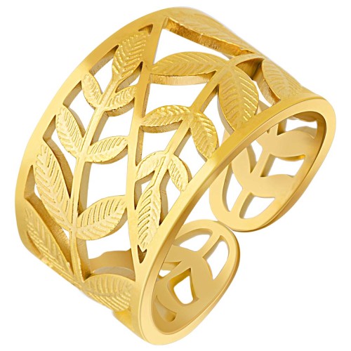 Bague LEAF STEEL Gold Jonc ajouré réglable flexible Feuilles Doré Acier inoxydable doré à l'or fin