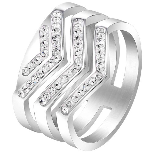 Bague JANGOR White Silver Jonc pavé Ethnique ajouré Argent Acier inoxydable Cristal