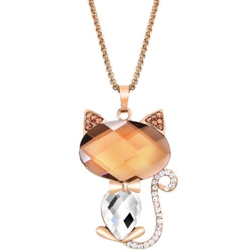 Collier NOUKITO TOPAZE Beige Gold Sautoir Pendentif Chat Doré et Beige Topaze Rhodium Cristal