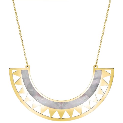 Collier ASTORAL STEEL SHELL GOLD long pendentif ethnique Doré et Blanc Acier inoxydable Nacre