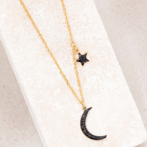 Collier STARMOON Black Gold pendentif étoile et lune Doré et Noir Acier inoxydable doré à l'or fin Cristal