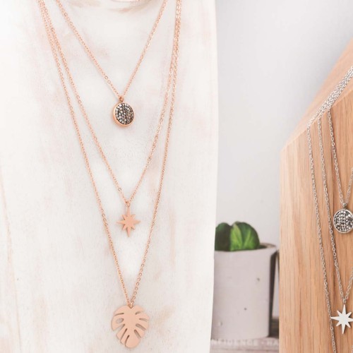 Collier LUGSBY Grey & Rose Gold multirangs symbole étoile et feuille Rosé et Gris Acier inoxydable doré à l'or fin rosé Cristal