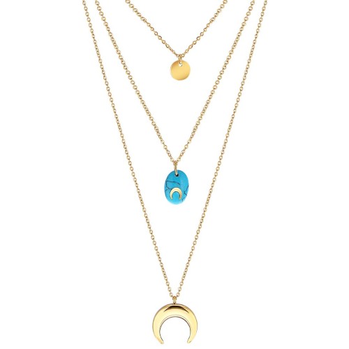 Collier LOUNS Blue Gold multirangs Doré et Bleu Acier inoxydable doré à l'or fin Pierre semi-précieuse Turquoise reconstituée