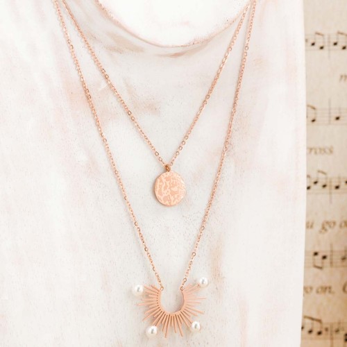 Collier YAGARYS White & Rose Gold multirangs symbole solaire Rosé et Blanc Acier inoxydable doré à l'or fin rosé Perles