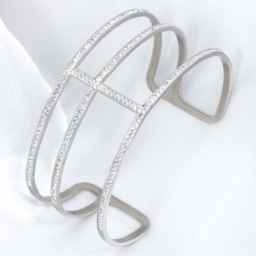 Bracelet LINES STEEL SILVER manchette ajourée rigide flexible Argent et Blanc Acier inoxydable Cristal