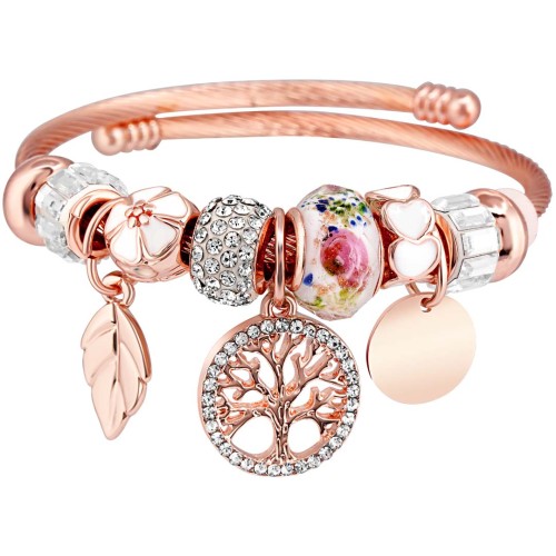 Bracelet EVACORAL PINK GOLD jonc rigide flexible symbole arbre de vie Rosé et Blanc Rhodium Cristal Pampilles