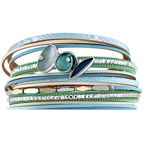 Bracelet VALIONA SKY BLUE double tour multirangs Argent et Bleu Rhodium et Cuir véritable Cristal