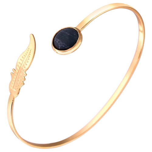 Bracelet PEDROSA GOLD & BLACK jonc rigide flexible symbole plume Doré et Noir Doré à l'or fin Pierre de roche