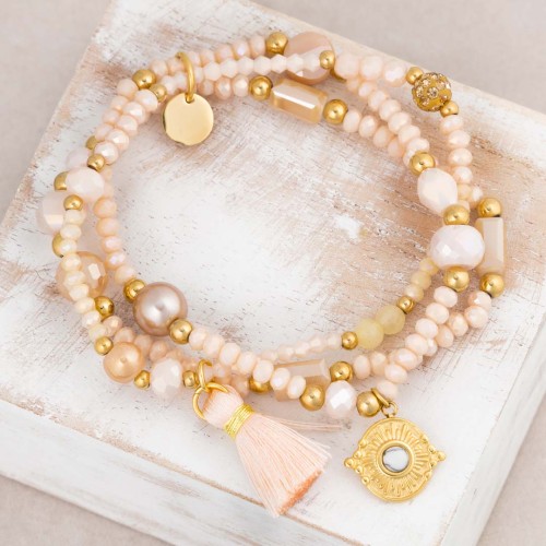 Bracelet MARGO Beige Nude Gold de perles souple multirangs Symboles solaires Doré et Beige Nude Acier inoxydable Cristal Pompon