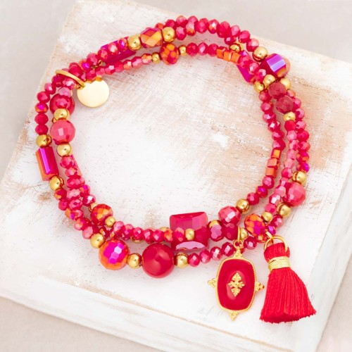 Bracelet MARGO Red Gold Bracelet de perles souple multirangs écusson bohème Doré et Rouge Acier inoxydable Cristal et Pompon