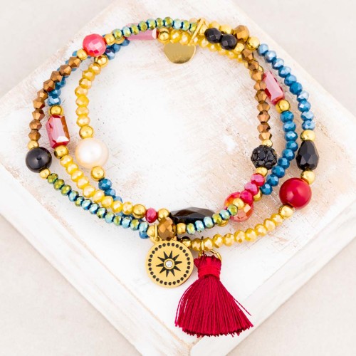 Bracelet DIVOLINE Color Gold de perles souple multirangs Symboles solaires Doré et Multicolore Acier inoxydable Cristal Pompon