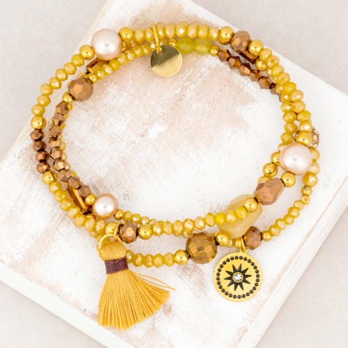 Bracelet DIVOLINE Yellow Gold de perles souple multirang Symbole solaire Doré Jaune Moutarde Acier inoxydable Cristal Pompon