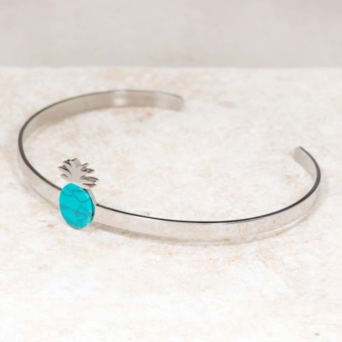 Bracelet OASIS Turquoise Silver Jonc réglable flexible Ananas Argent et Turquoise Acier inoxydable Pierre Turquoise reconstituée