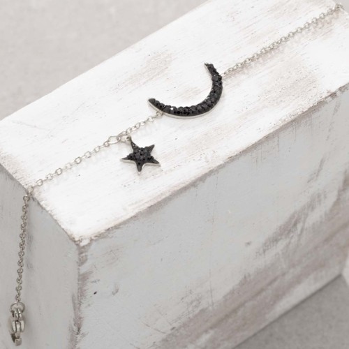 Bracelet STARMOON Argent et Noir Acier inoxydable Cristal sumbole étoile et lune