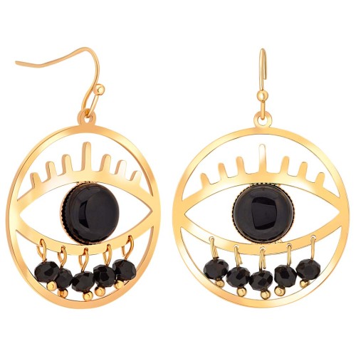 Boucles d'oreilles EYONA Black Gold Pendantes ajourées Œil Doré Noir Acier inoxydable doré à l'or fin Howlite noire reconstitué