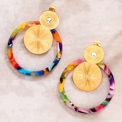 Boucles d'oreilles SOEKIS STEEL Color Gold Pendantes ajourées Solaire Doré et Multicolore Acier inoxydable doré Cristal Résines