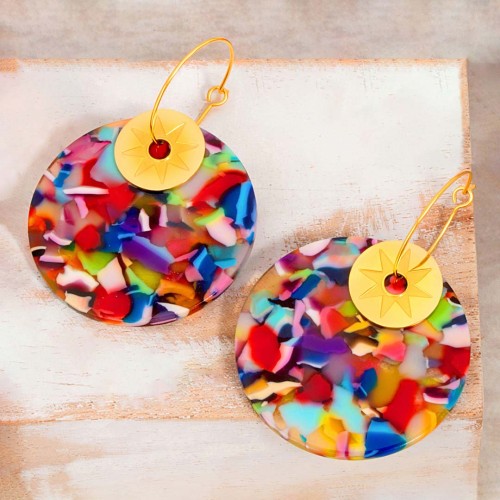 Boucles d'oreilles ASTROS STEEL Color Gold Créoles à pendentif Disque solaire Doré et Multicolore Acier inoxydable Résines