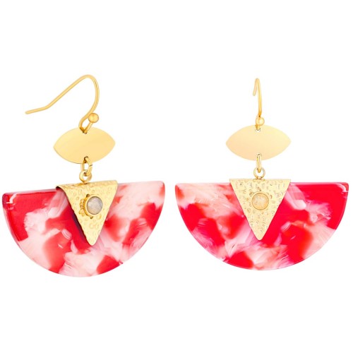 Boucles d'oreilles MINARAL Red Gold Pendantes pavées Martelé Doré Rouge Acier inoxydable doré Agate blanche reconstituée Résine