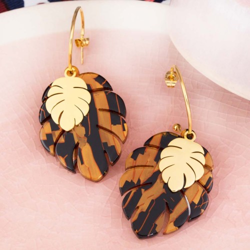 Boucles d'oreilles WILD NATURE STEEL TIGER GOLD Doré et Noir Tigré Acier inoxydable doré à l'or fin Résines