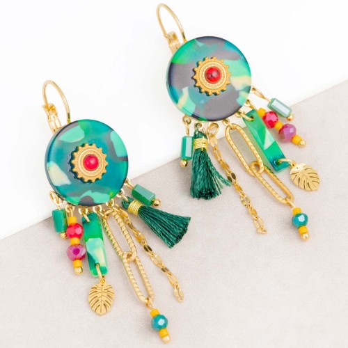 Boucles d'oreilles KERINE Color Gold Pendantes Ethnique Multicolore Acier inoxydable doré Jaspe rouge Résine Cristal Pompon